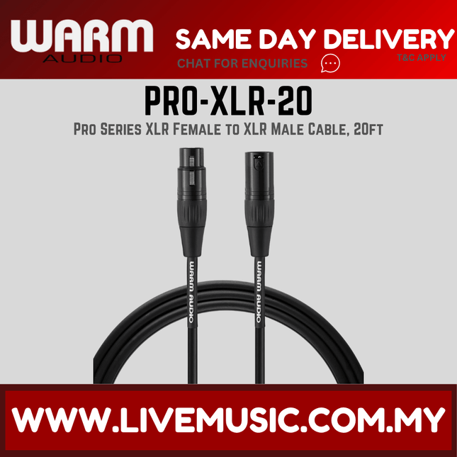 XLR female-to-male cable, black, 20 ft, Warm Audio Pro series (PRO-XLR-20)