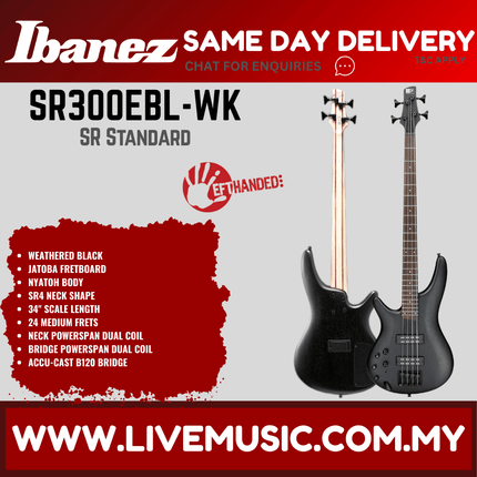 Ibanez SR300EBL SR Series Left-Handed 4-String Electric Bass Guitar - Weathered Black (SR300EBL-WK)