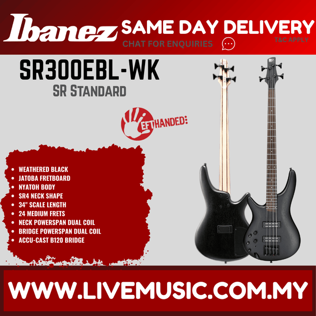 Ibanez SR300EBL SR Series Left-Handed 4-String Electric Bass Guitar - Weathered Black (SR300EBL-WK)