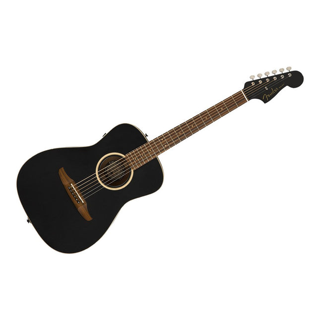 Matte black acoustic-electric guitar angled view with six strings and headstock