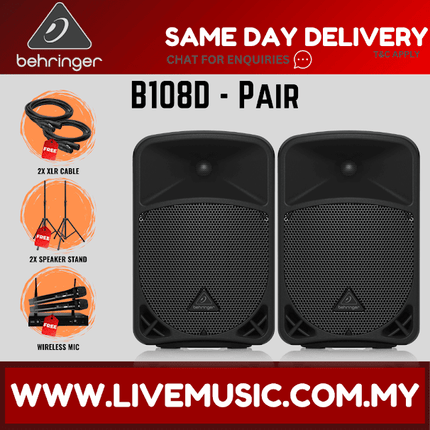 Behringer Eurolive B108D 300-Watt 8" Powered Speaker w/Wireless Mic, Speaker Stand and Cable - Each/Pair (B-108D B 108D)