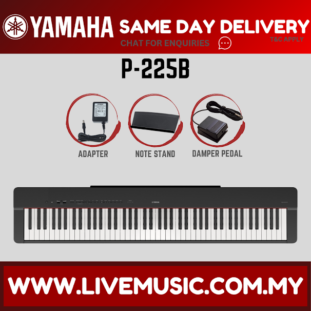Black 88-key digital piano top view with adapter, note stand, and damper pedal