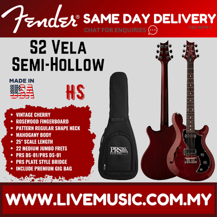 PRS S2 Vela Semi-Hollow Electric Guitar w/Bag, Vintage Cherry