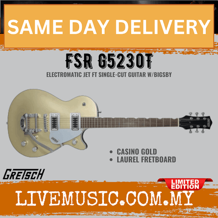 Casino gold single-cut electric guitar with Bigsby, Gretsch headstock, and two humbuckers