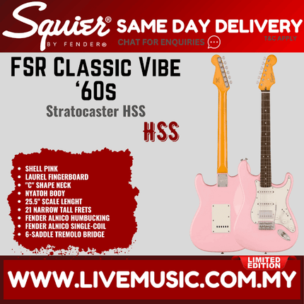 Squier FSR Classic Vibe 60s Stratocaster HSS Electric Guitar, Laurel FB, Shell Pink