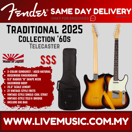 Fender Japan Traditional 2025 Collection 60s Telecaster Guitar, RW FB, 3-Tone Sunburst/Aged Natural