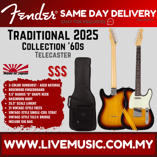 Fender Japan Traditional 2025 Collection 60s Telecaster Guitar, RW FB, 3-Tone Sunburst/Aged Natural