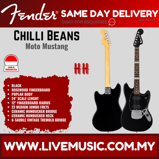 Fender Chilli Beans. Moto Mustang Electric Guitar, RW FB, Black