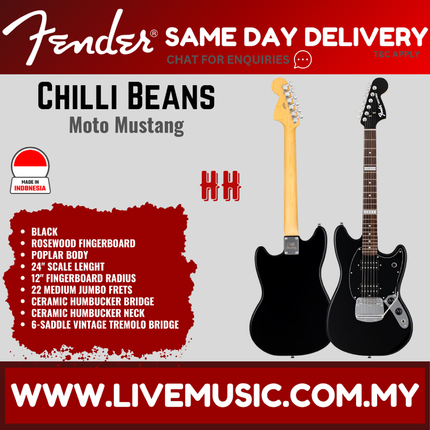 Fender Chilli Beans. Moto Mustang Electric Guitar, RW FB, Black