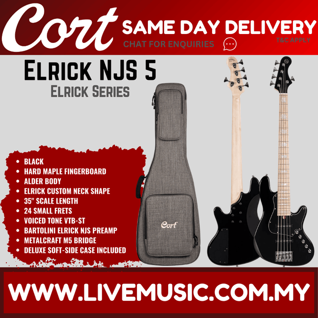 Cort NJS5-BK Rob Elrick Signature Bass Guitar w/Case, Black ( NJS5BK / NJS5 BK )