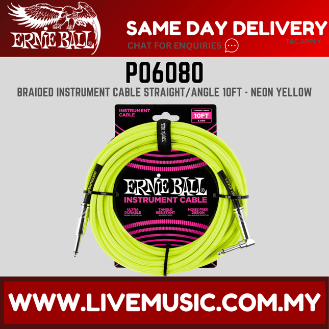 Ernie Ball 6080 Instrument Cable 10 Ft, Neon Yellow