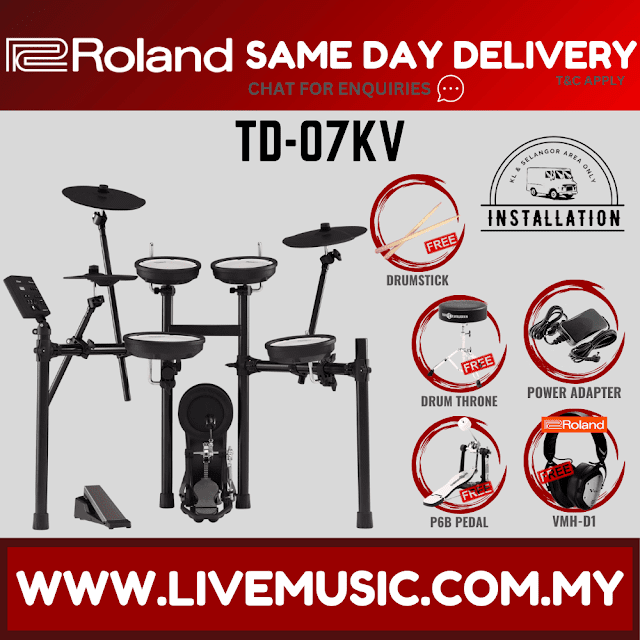 Roland TD-07KV Electronic Digital Drum Set with RH-5 Headphones, Drum Throne, Single Kick Pedal, Drumstick ( TD07KV / RH5 / 07KV )