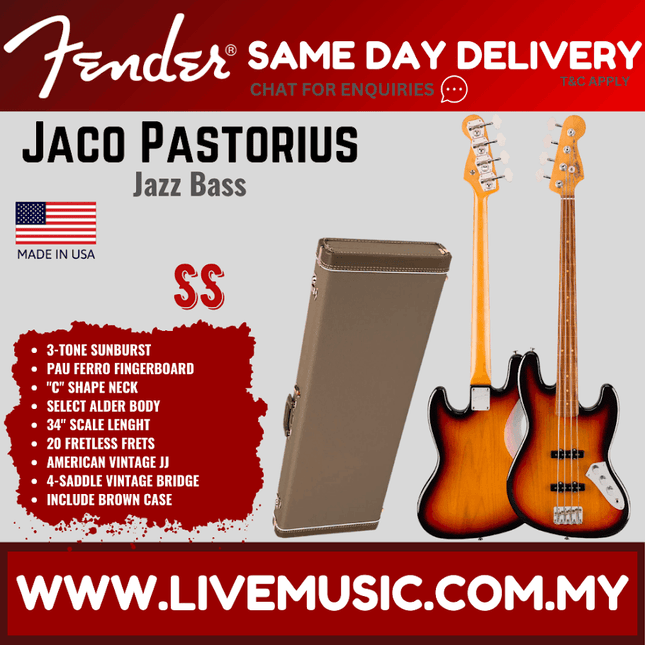 Fender Artist Jaco Pastorius Fretless Jazz Bass Guitar, Pau Ferro Fretboard with Deluxe Hardshell Case - 3-Tone Sunburst