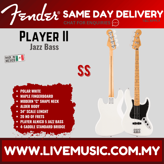 Jazz bass guitar, polar white body with maple fingerboard and two pickups