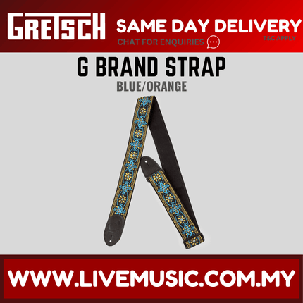 Gretsch G Brand Guitar Strap, Blue/Orange Black Ends
