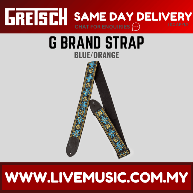 Gretsch G Brand Guitar Strap, Blue/Orange Black Ends