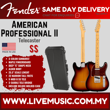 Fender American Professional II Telecaster Electric Guitar, Maple Fretboard - 3-Tone Sunburst