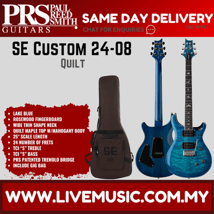 PRS SE Custom 24-08 Quilt Electric Guitar w/GigBag, Rosewood FB, Lake Blue