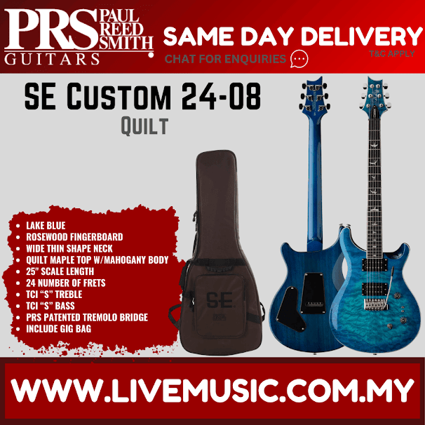 PRS SE Custom 24-08 Quilt Electric Guitar w/GigBag, Rosewood FB, Lake Blue