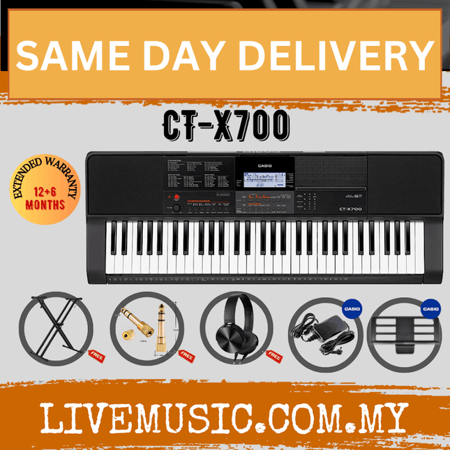 Casio CT-X700 61-key electronic keyboard with accessory icons for power, headphones, sustain