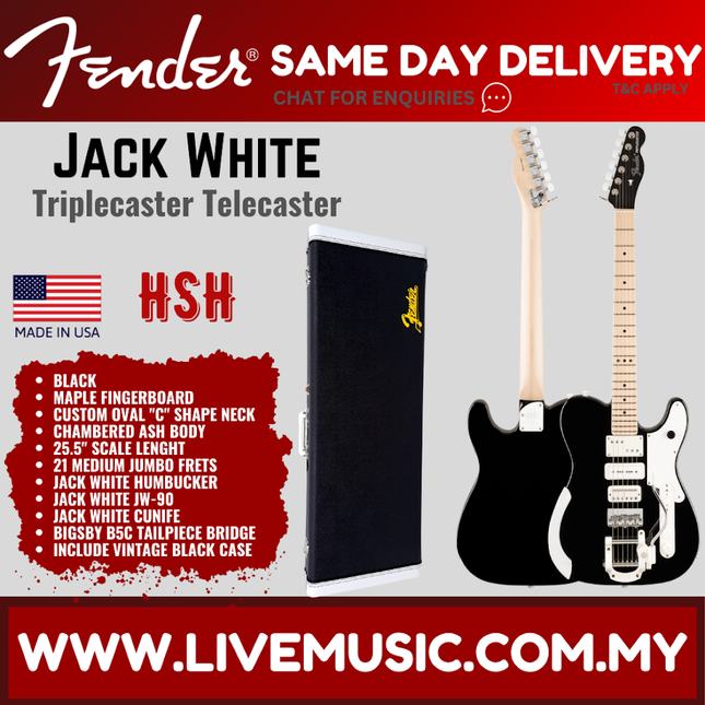 Fender Jack White Triplecaster Electric Guitar, Maple FB, Black