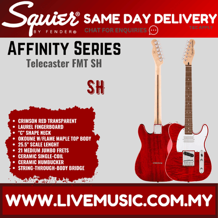Squier Affinity Series Telecaster FMT SH Electric Guitar, Laurel FB, Crimson Red Transparent