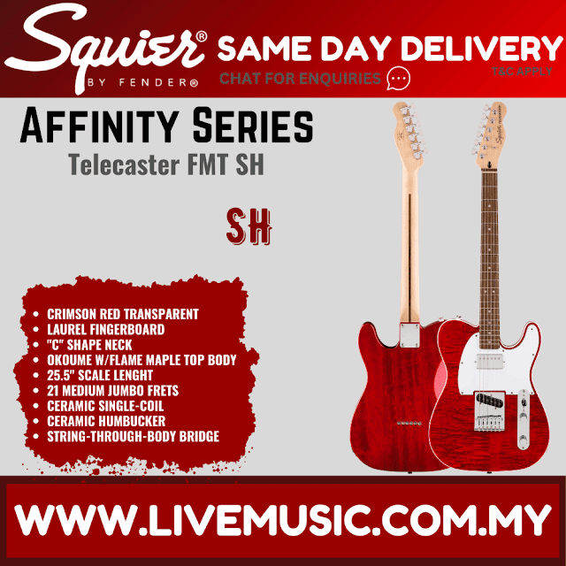 Squier Affinity Series Telecaster FMT SH Electric Guitar, Laurel FB, Crimson Red Transparent