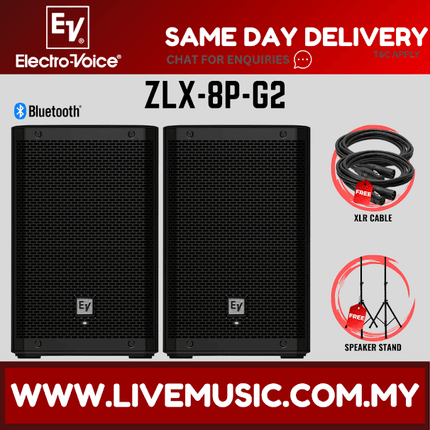 EV Electro-Voice ZLX-8P G2 1000W 8" Speaker Bluetooth W/ Stand Speaker And Free Cables - Each / Pair (ZLX8P ZLX 8P)