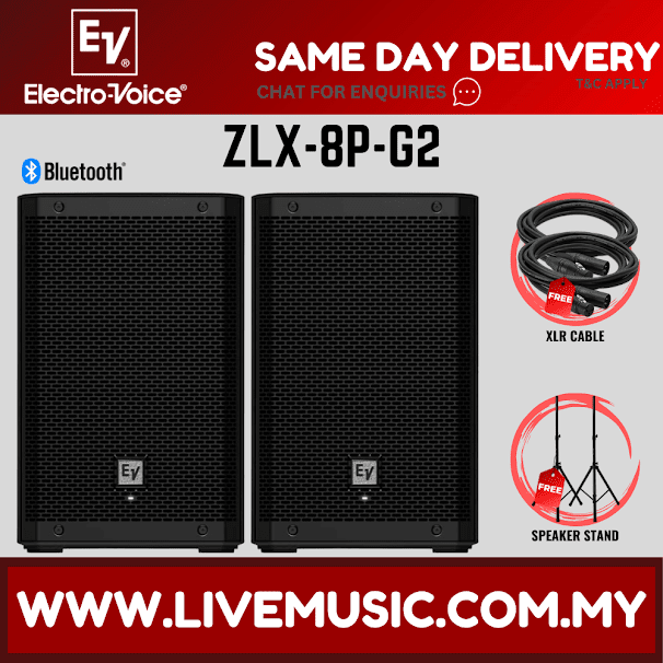 EV Electro-Voice ZLX-8P G2 1000W 8" Speaker Bluetooth W/ Stand Speaker And Free Cables - Pair (ZLX8P ZLX 8P)