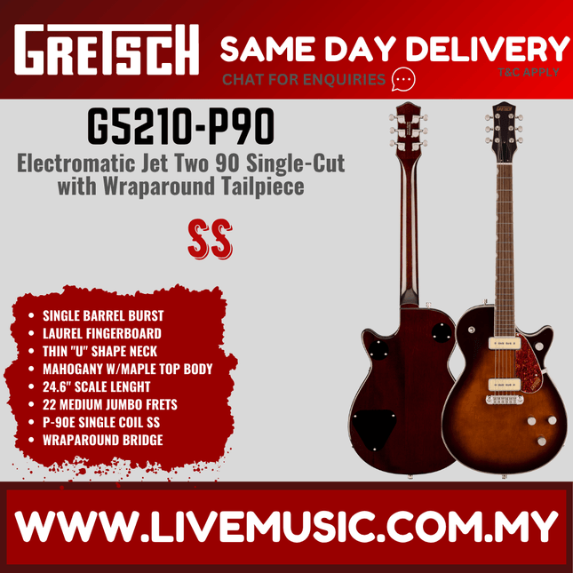 Gretsch G5210-P90 Electromatic Jet Two 90 Electric Guitar, Laurel FB, Single Barrel Burst