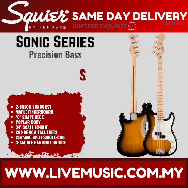 Squier Sonic Precision Bass Guitar w/White Pickguard, Maple FB, 2-Color Sunburst