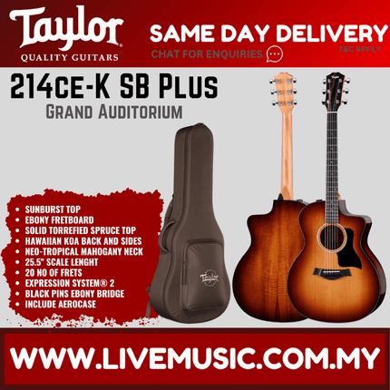 Taylor 214ce-K SB Plus Koa/Spruce Grand Auditorium Acoustic Guitar w/Case, Sunburst Top