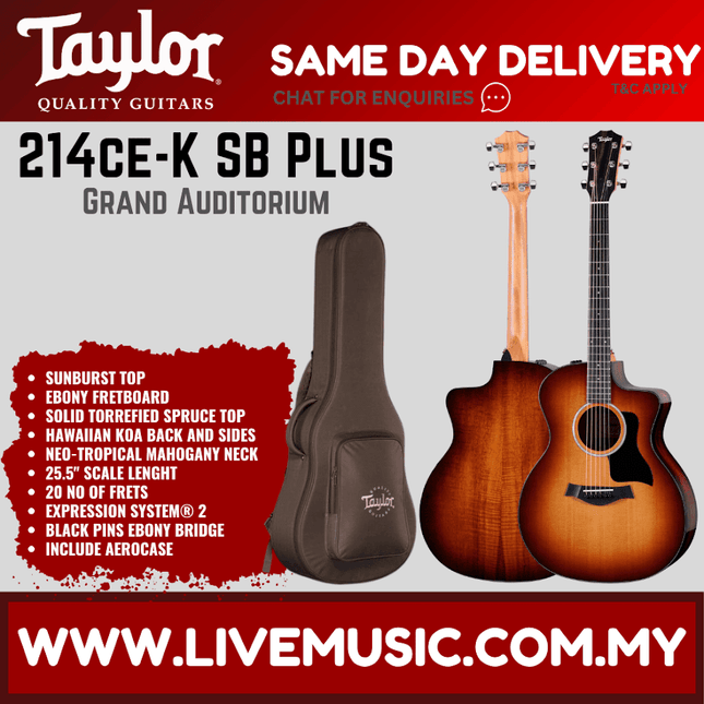 Grand auditorium acoustic guitar with sunburst koa top and black arched case