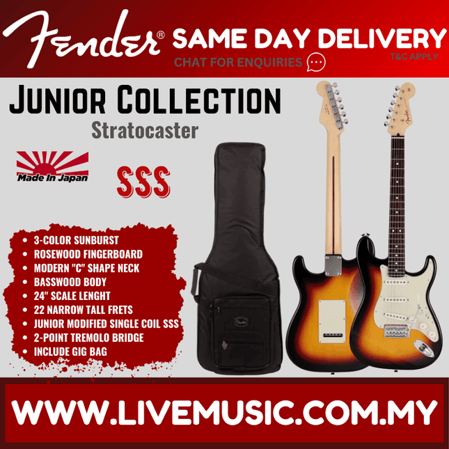 Fender Japan Junior Collection Stratocaster Electric Guitar, RW FB, 3-Color Sunburst