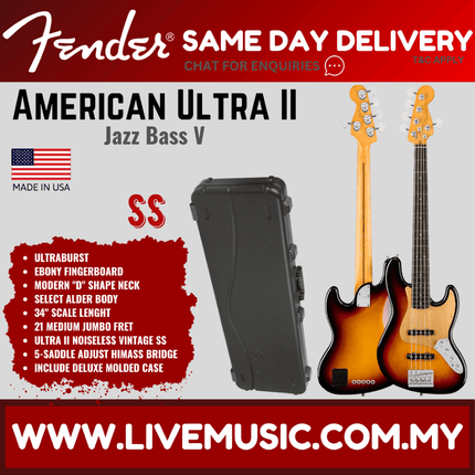 Fender American Ultra II Jazz Bass V Guitar, Ebony FB, Ultraburst