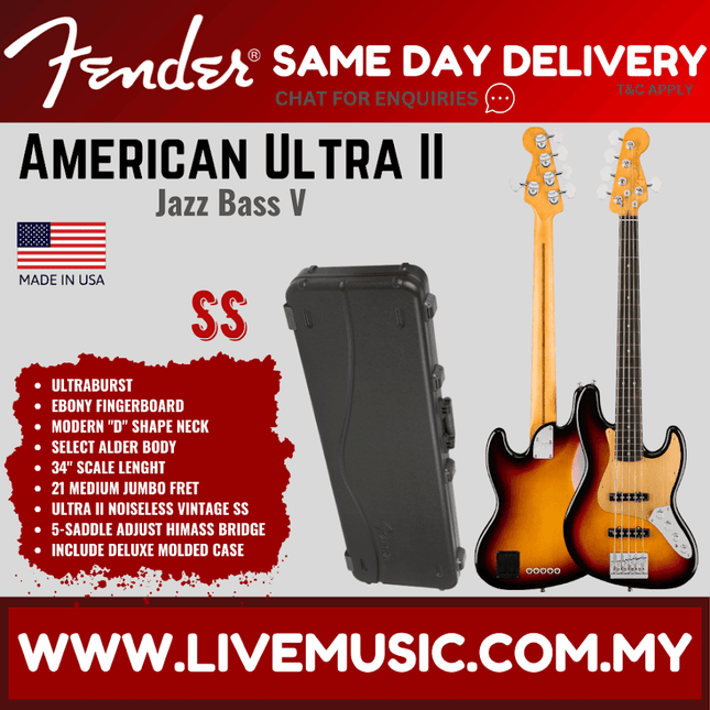 Fender Jazz Bass V guitar with ultraburst finish and dark ebony fingerboard, plus case