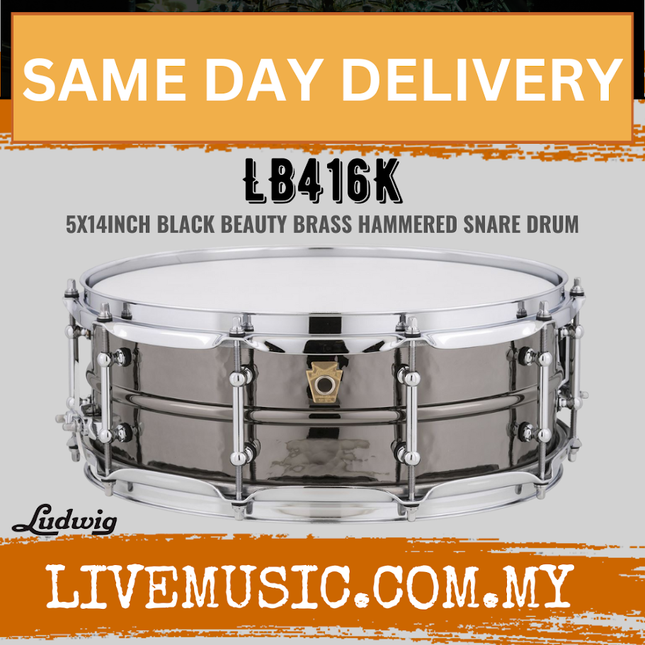 Ludwig LB416KT 5x14inch Black Beauty Brass Snare Drums, Hammered Shell, Tube Lugs