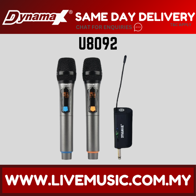 Dual UHF wireless vocal microphones: two handheld mics and a small receiver unit