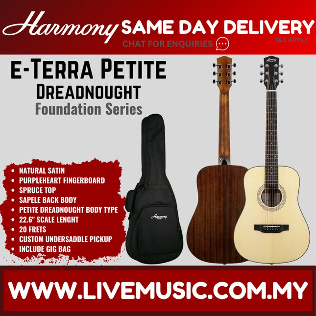 Harmony Foundation Series e-Terra Petite Dreadnought Acoustic Guitar w/Bag, Natural Satin