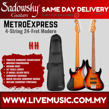 Sadowsky MetroExpress 24-Fret Modern 4-String Bass Guitar, Morado FB, Tobacco Sunburst Transparent