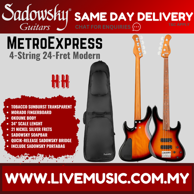 Sadowsky MetroExpress 24-Fret Modern 4-String Bass Guitar, Morado FB, Tobacco Sunburst Transparent