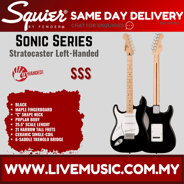 Squier Sonic Stratocaster Left-Handed Electric Guitar w/White Pickguard, Maple FB, Black