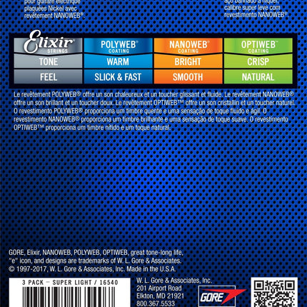 Elixir 16540 Nanoweb Coated Super Light Electric Guitar Strings - 3 Pack (9-42)