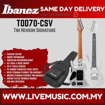Ibanez TOD70 Tim Henson Signature Electric Guitar, 7 String, Classic Silver (TOD70-CSV/TOD70CSV)