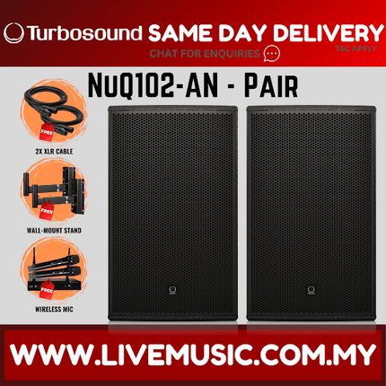 Turbosound NuQ102-AN 600 Watt 10" Powered Loudspeaker w/Wireless Mic, Speaker Stand And Cable - Each / Pair (NuQ102 AN NuQ102AN)