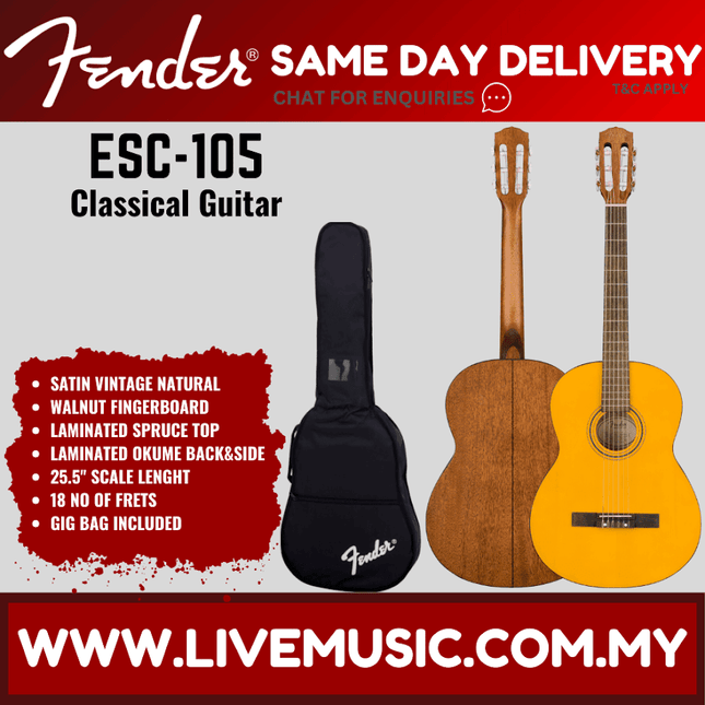 Fender ESC-105 Educational Series Classical Acoustic Guitar, Satin Vintage Natural ( ESC 105 / ESC105 )