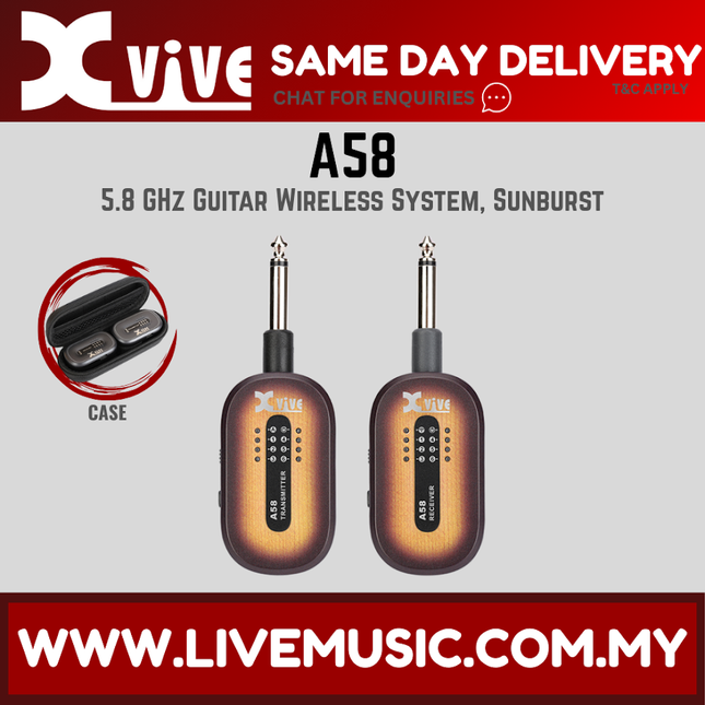 XVive 5.8 GHz guitar wireless receivers with sunburst housings and black carrying case