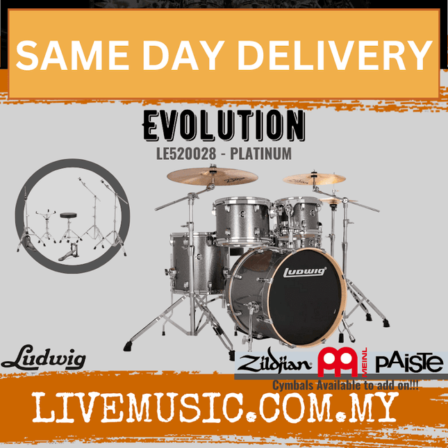 Evolution 5-piece drum kit with hardware, platinum wood shells and matching cymbals