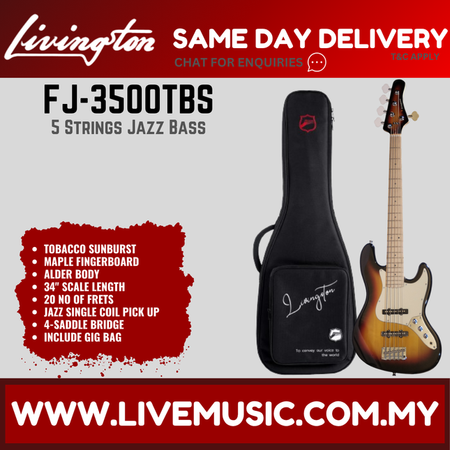 Livingston FJ-3500 5-String Jazz Bass Guitar, Rosewood Fretboard, w/Gig Bag ( JB 3500 JB3500 / FJ 3500 FJ3500 )