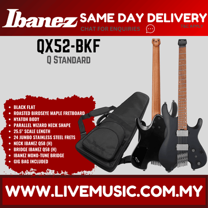 Ibanez Quest Series QX52 Headless Electric Guitar, Roasted Maple Fretboard - Black Flat (QX-52/QX52-BKF)